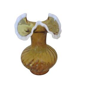 Rare, Vintage 1951 Fenton Amber Snow Crest Vase w White Trim